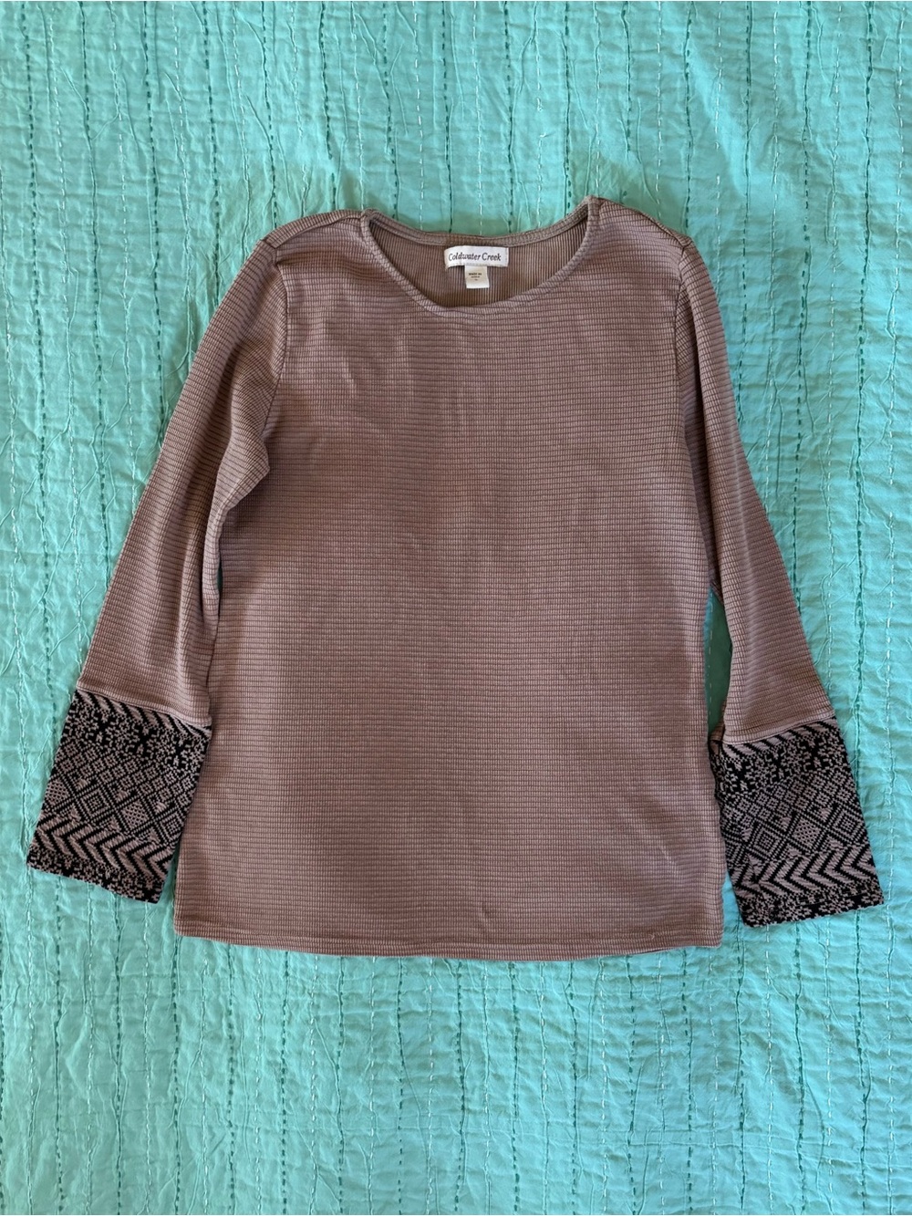 Coldwater Creek Textured Cotton Long Sleeve Top with patterned bell cuffs.